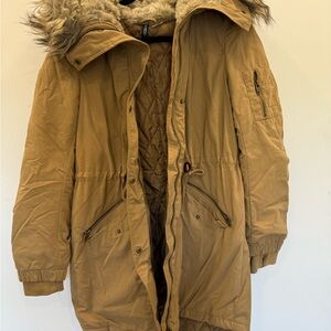 Women’s Tan Parka Coat with Fur Hood